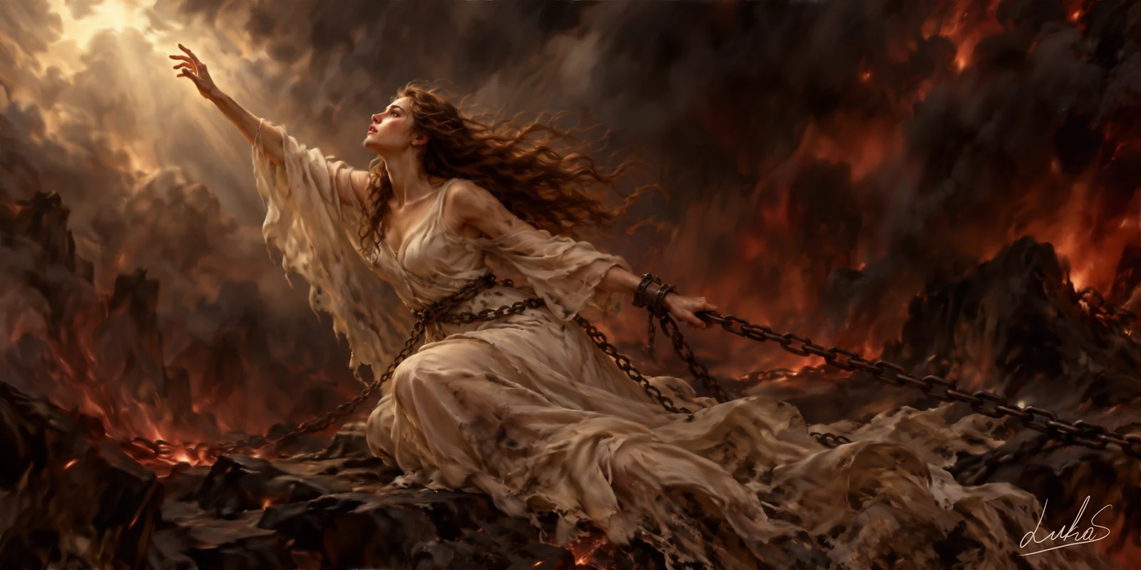 A woman trying to escape a dark place.